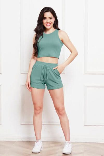 Round Neck Tank and Drawstring Shorts Set - LustMia