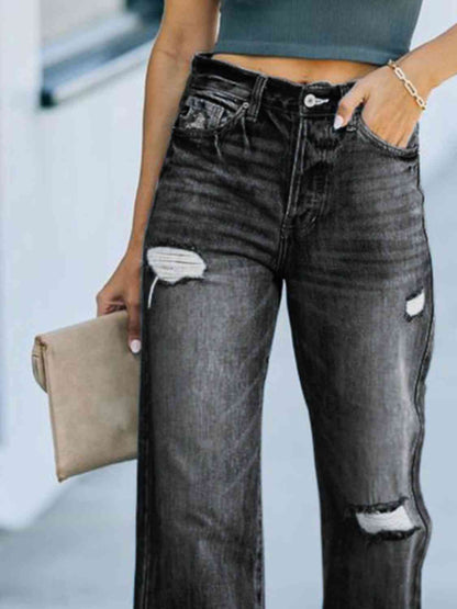 Distressed Straight Leg Jeans - LustMia