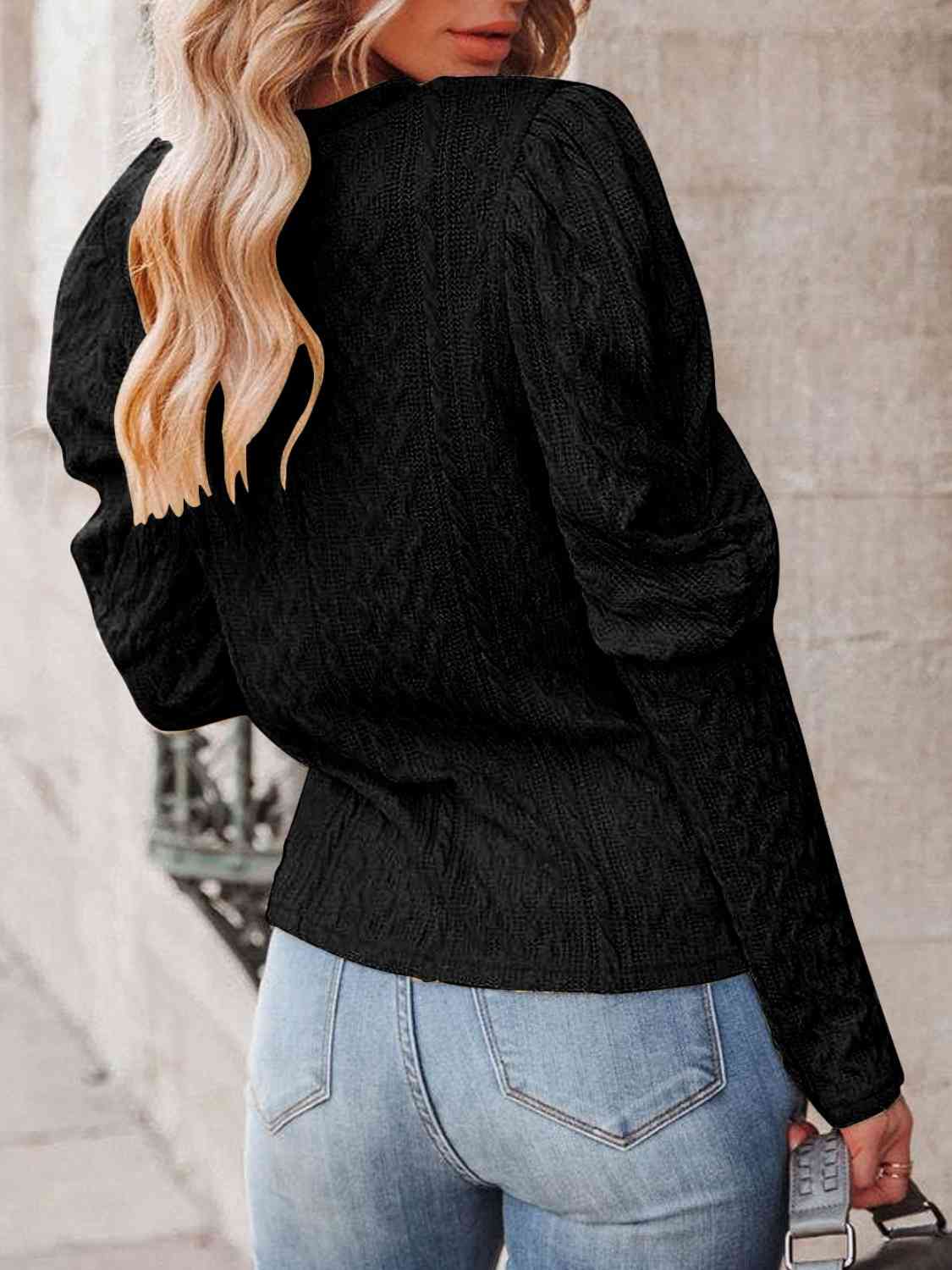 Round Neck Puff Sleeve Knit Top - LustMia