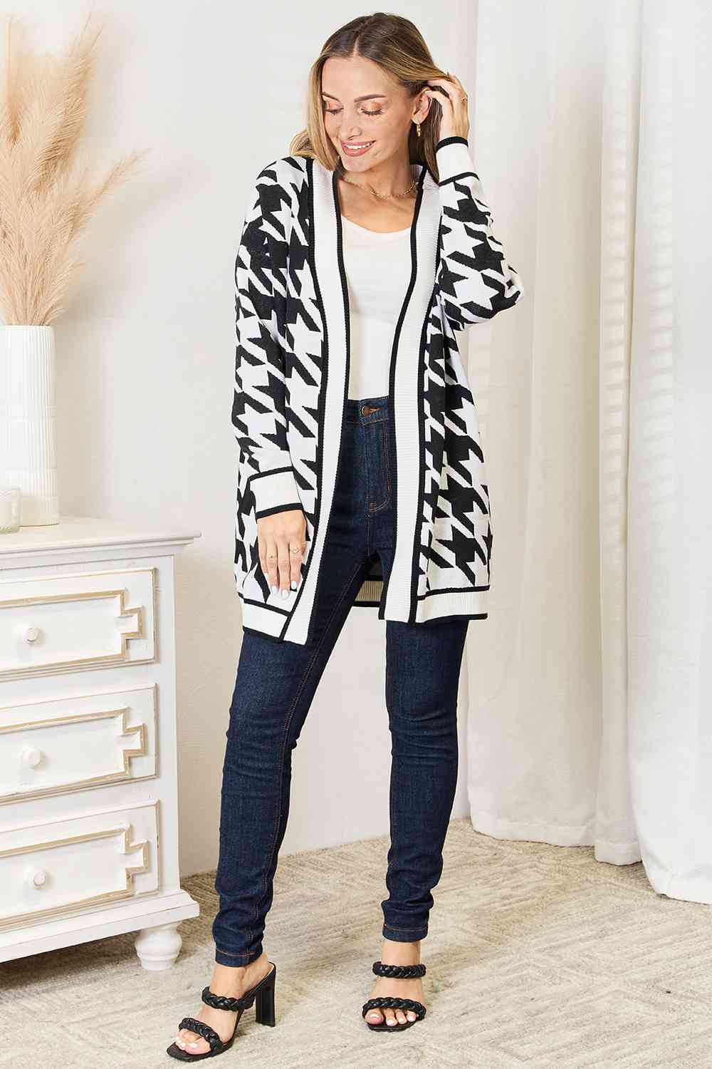 Woven Right Houndstooth Open Front Longline Cardigan - LustMia