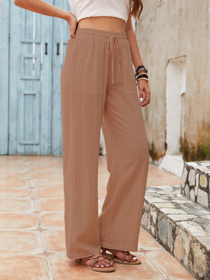 Womens Linen WideLeg Drawstring Beach Pants with Pockets - By Lustmia - LustMia