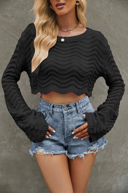 Round Neck Long Sleeve Cropped Sweater - LustMia