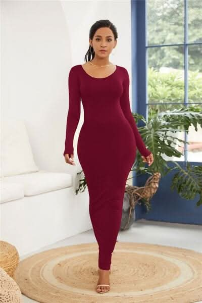 Round Neck Long Sleeve Maxi Wrap Dress - LustMia