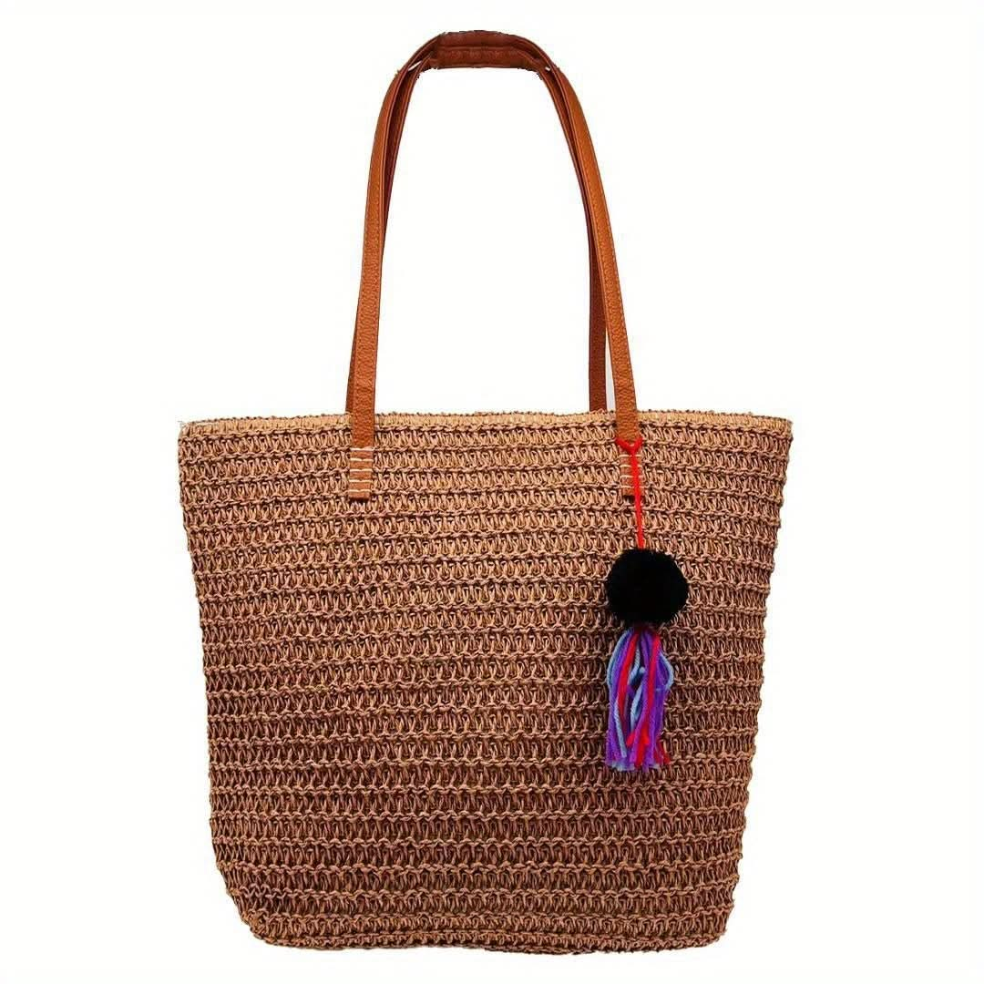 1pc, Woven Tote Bag, Stylish Straw Beach Bag, Mummy Bag With Tassel Charm, Fashionable Crafted Shoulder Bag For Summer Outings - LustMia