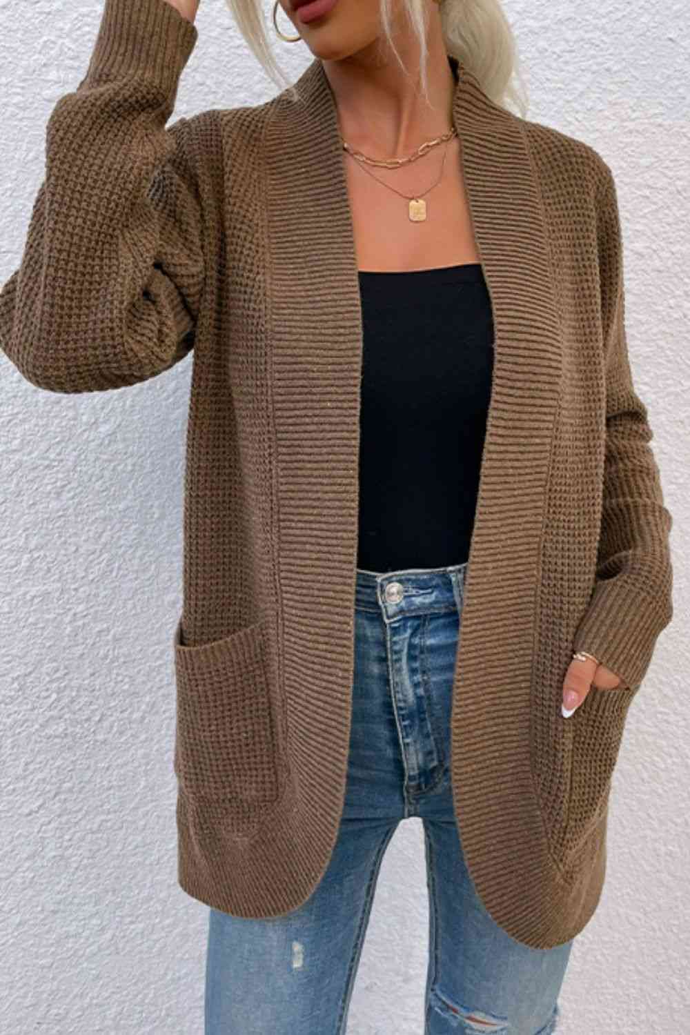 Open Front Rib - Knit Cardigan with Pockets - LustMia