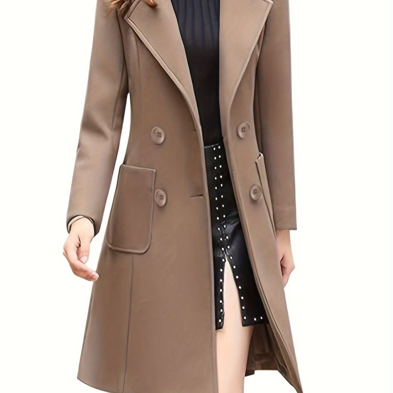 Women Winter Mid - Long Coat Notch Double - Breasted Lapel Jacket Outwear - LustMia