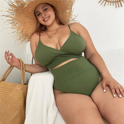 Women Plus Size Bikini Solid Color Bikini Two Piece High Waist Bikini Swimsuit Swimwear Gather Bikini Swimming Beach - LustMia