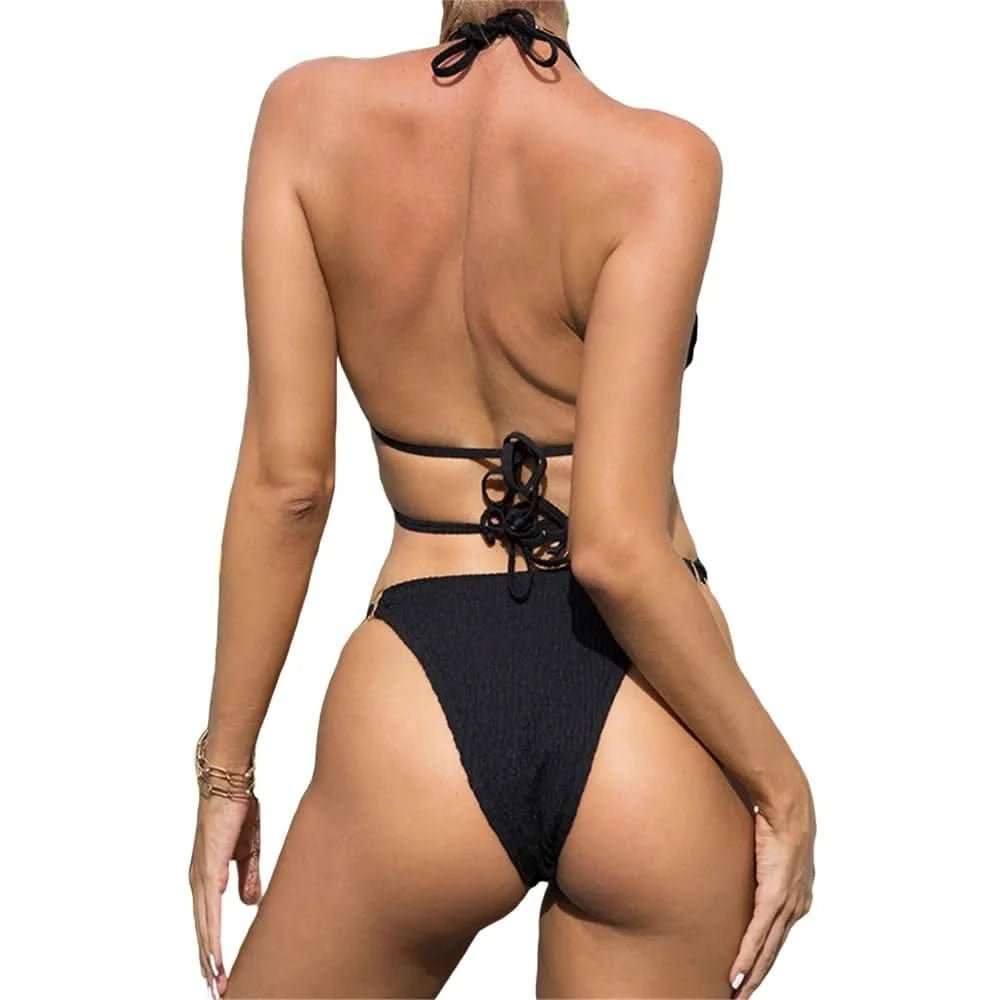 Foohoostore 2022 Summer New Swimsuit Bikini Black Sexy Triangle Backless Hanging Neck Tie Up Bikini Sets Female Brazilian Bikini - LustMia