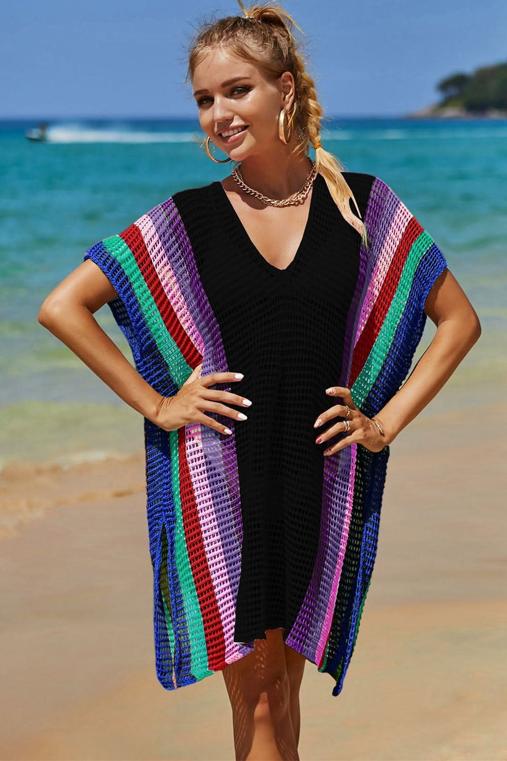 Openwork Striped Slit Knit Cover Up - LustMia