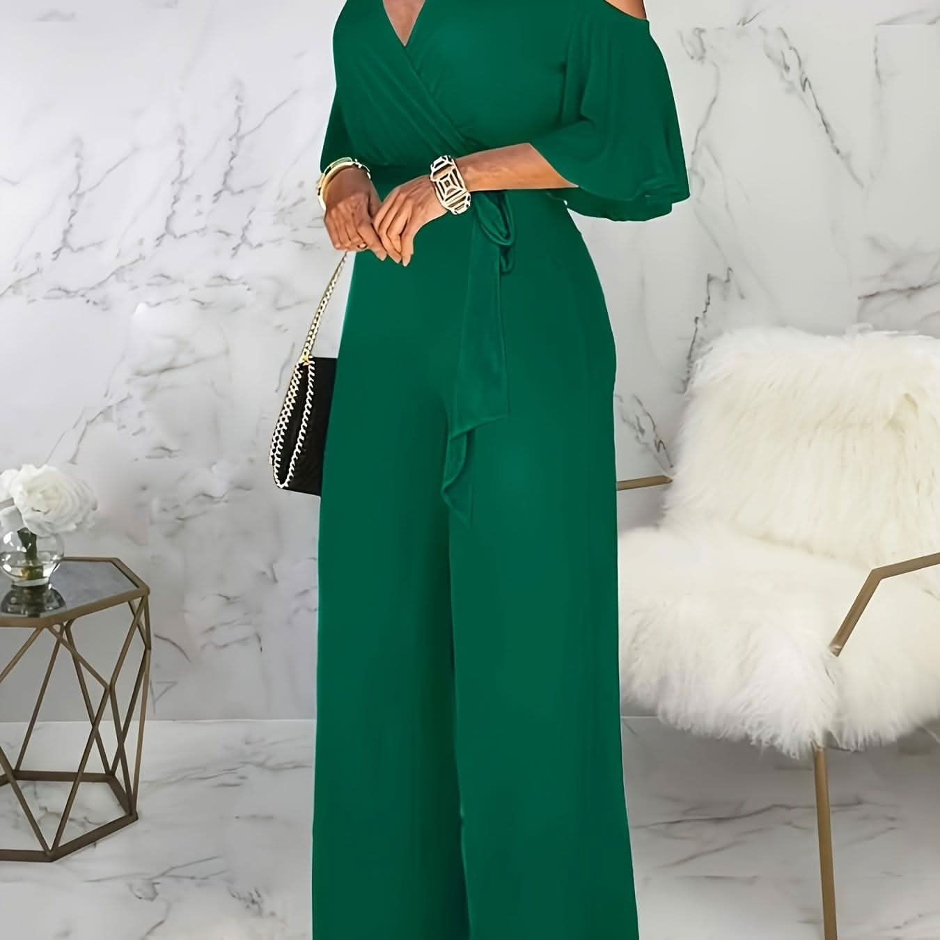 Elegant Cold Shoulder Vneck Jumpsuit - LustMia