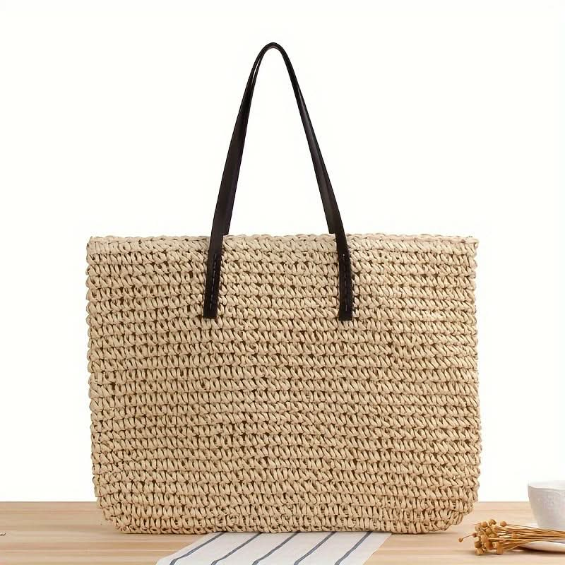 1pc Straw Woven Tote Bag (18.9''x14.17''/48cm*36cm), Luxury Handbag, Large Capacity Fashion Beach Shoulder Bag, Casual Summer Shopping - LustMia