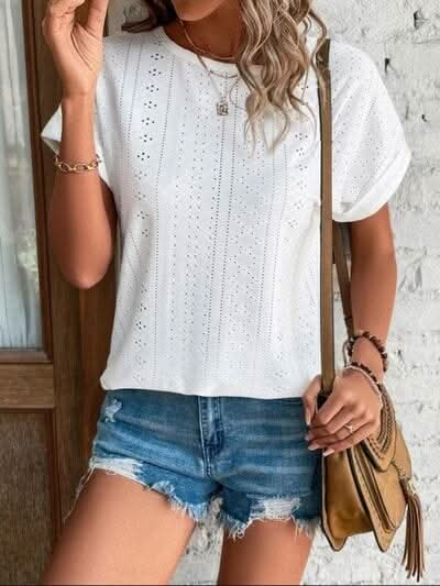 Eyelet Round Neck Short Sleeve T-Shirt - LustMia