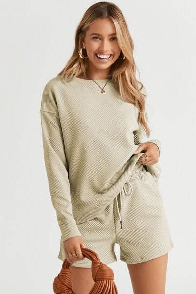 Double Take Full Size Texture Long Sleeve Top and Drawstring Shorts Set - LustMia