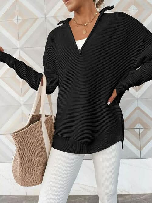 Half Zip Long Sleeve Knit Top - LustMia