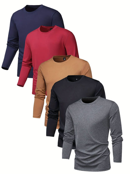 5 - piece Men's Spring And Autumn Long - sleeved Basic T-shirts, Fashionable Casual Sports Outing Tops, Bottoming Shirts - LustMia