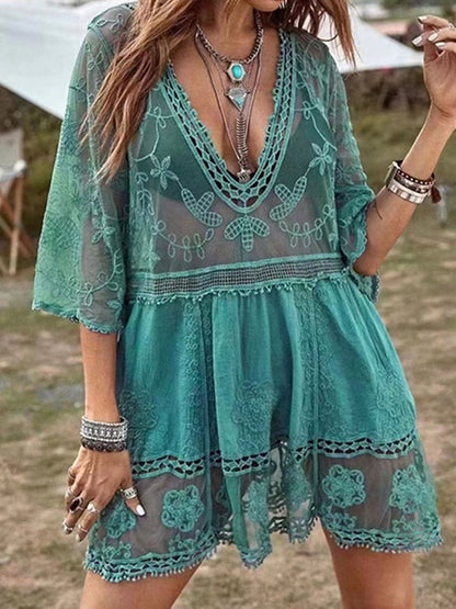 Lace Detail Plunge Cover - Up Dress - LustMia