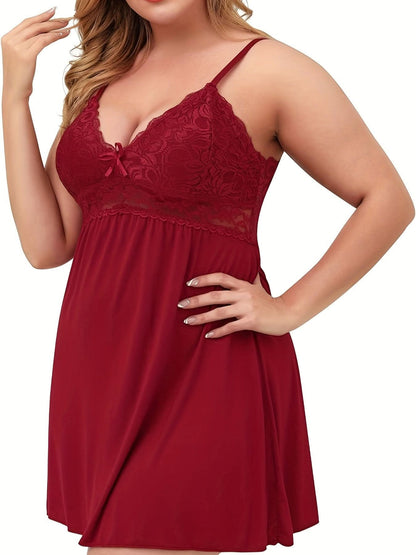 Sexy Lingerie Dress, Women's Plus Solid Contrast Lace Stretchy Comfort Lingerie Nightdress Plus Size - LustMia