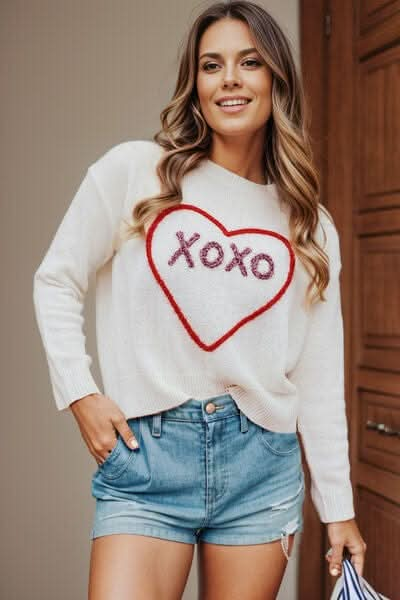 XOXO Heart Round Neck Dropped Shoulder Sweater - LustMia