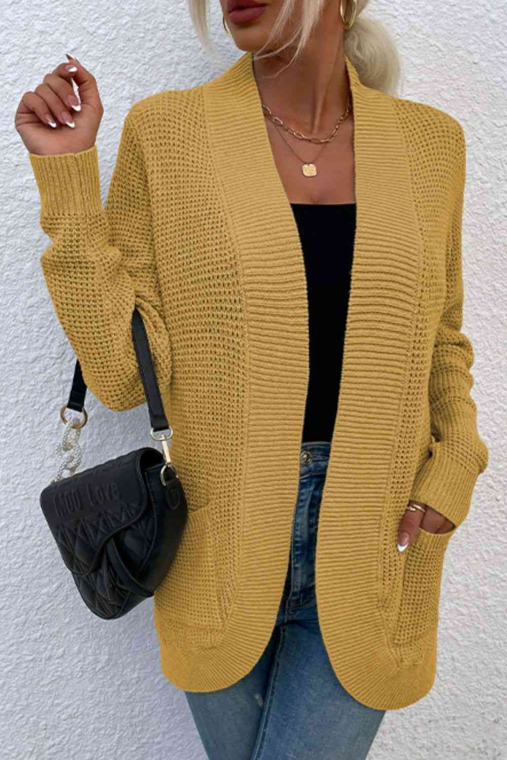 Open Front Rib - Knit Cardigan with Pockets - LustMia