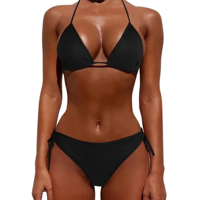 Bikini 2022 Swimsuit Solid Color Bikini Tops Black Swimwear Sexy Split Bikini Bathing Suit Women Bikini Thong Beach Bikini Bra - LustMia