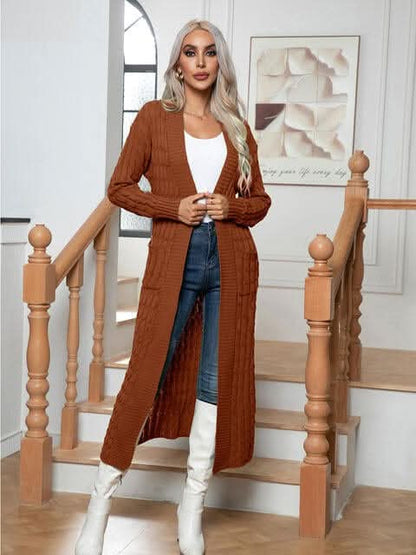 Cable - Knit Open Front Cardigan with Pockets - LustMia