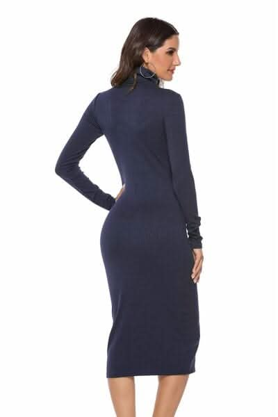 Ribbed Turtleneck Long Sleeve Dress - LustMia