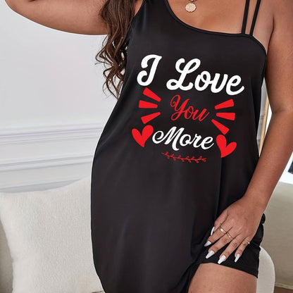 Plus Size Sexy Nightdress, Women's Plus Letter & Heart Print Asymmetric Cold Shoulder Cami Sleep Dress - LustMia