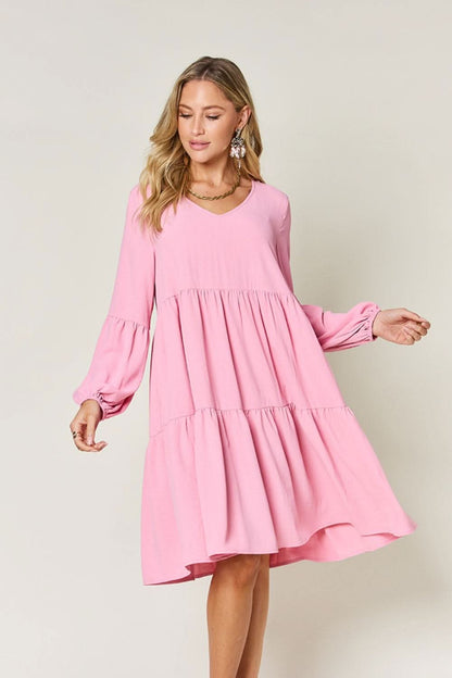 Double Take Full Size V - Neck Balloon Sleeve Tiered Dress - LustMia