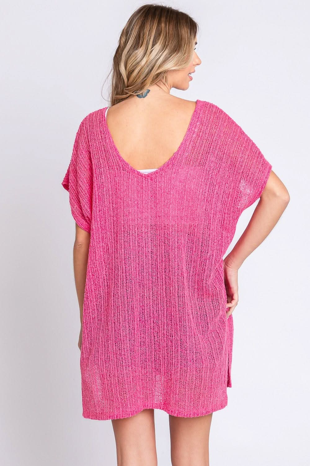 GeeGee Short Sleeve Side Slit Knit Cover Up Dress - LustMia