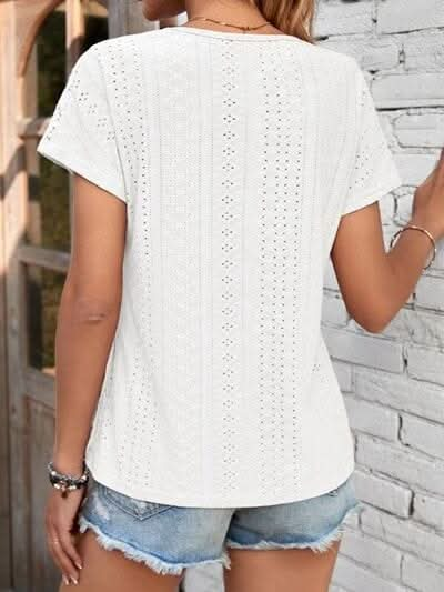 Eyelet V - Neck Short Sleeve T-Shirt - LustMia