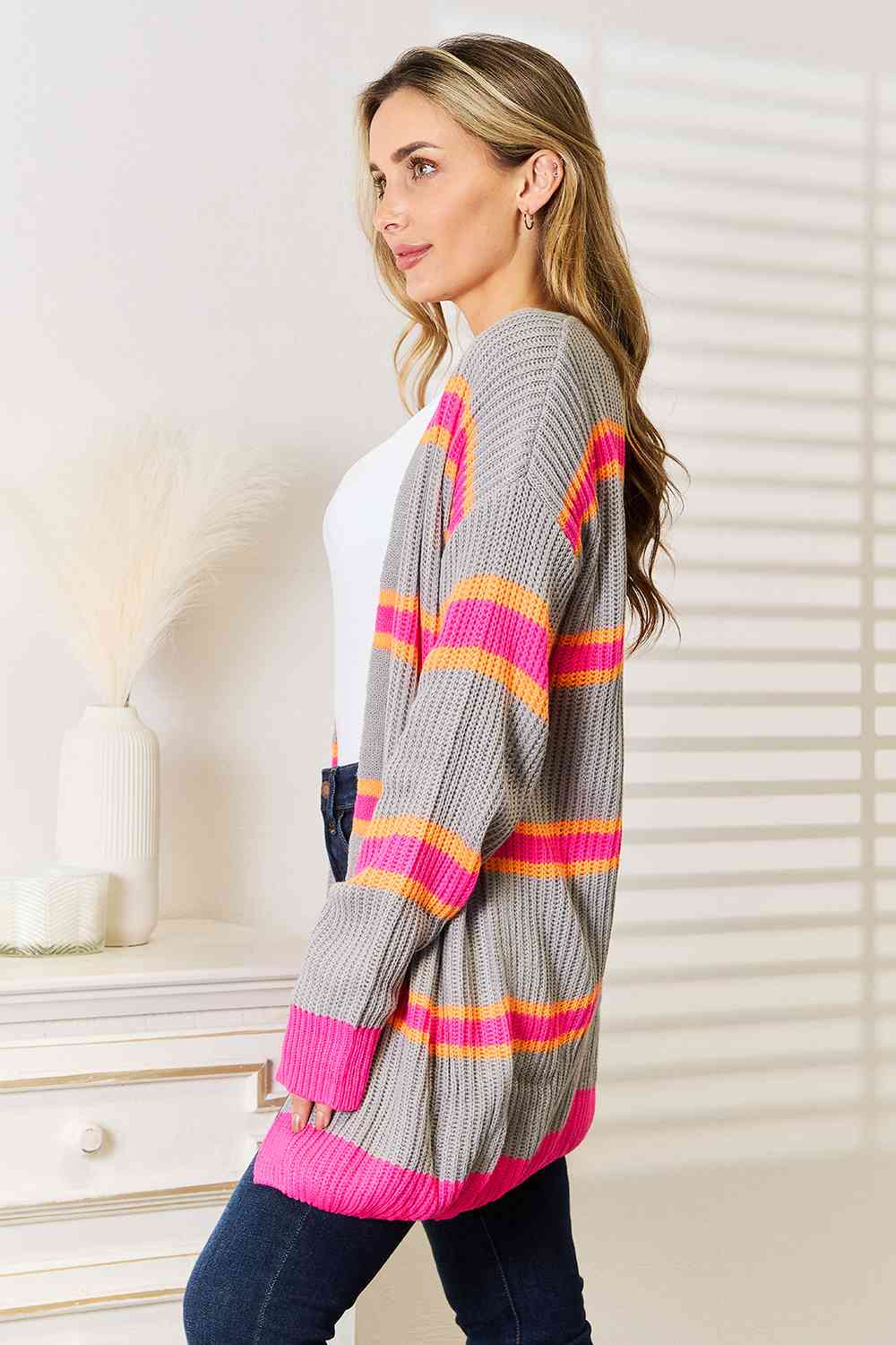 Woven Right Ribbed Long Sleeve Cardigan - LustMia