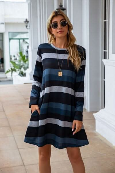 Striped Round Neck Long Sleeve Dress - LustMia