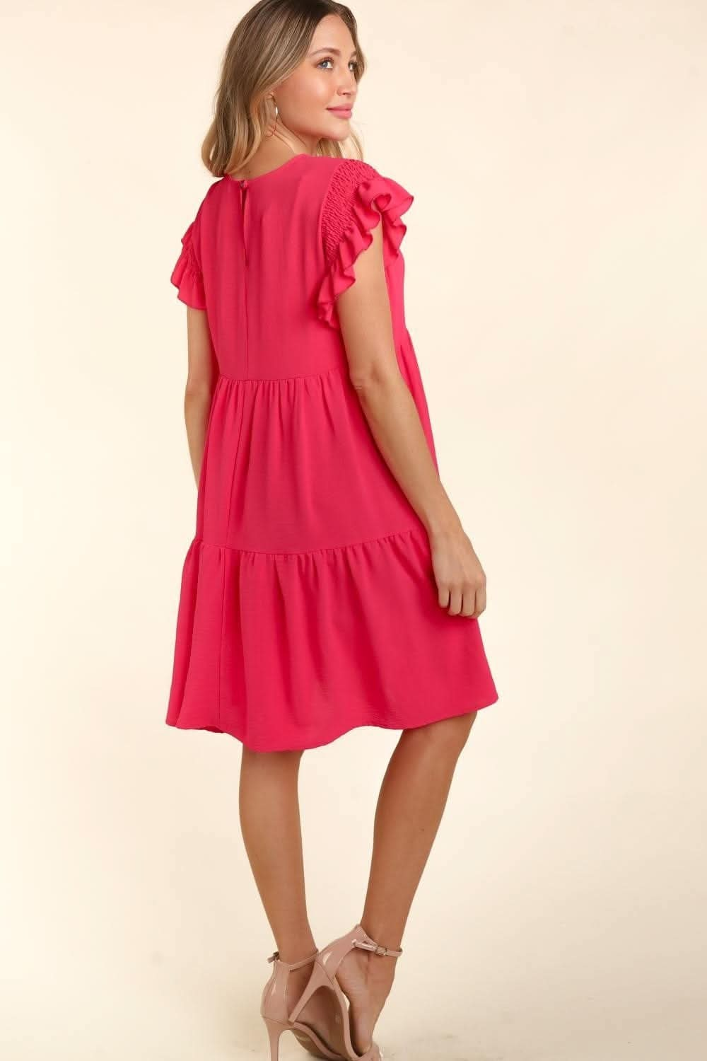 Haptics Full Size Smocking Ruffle Short Sleeve Dress with Pockets - LustMia