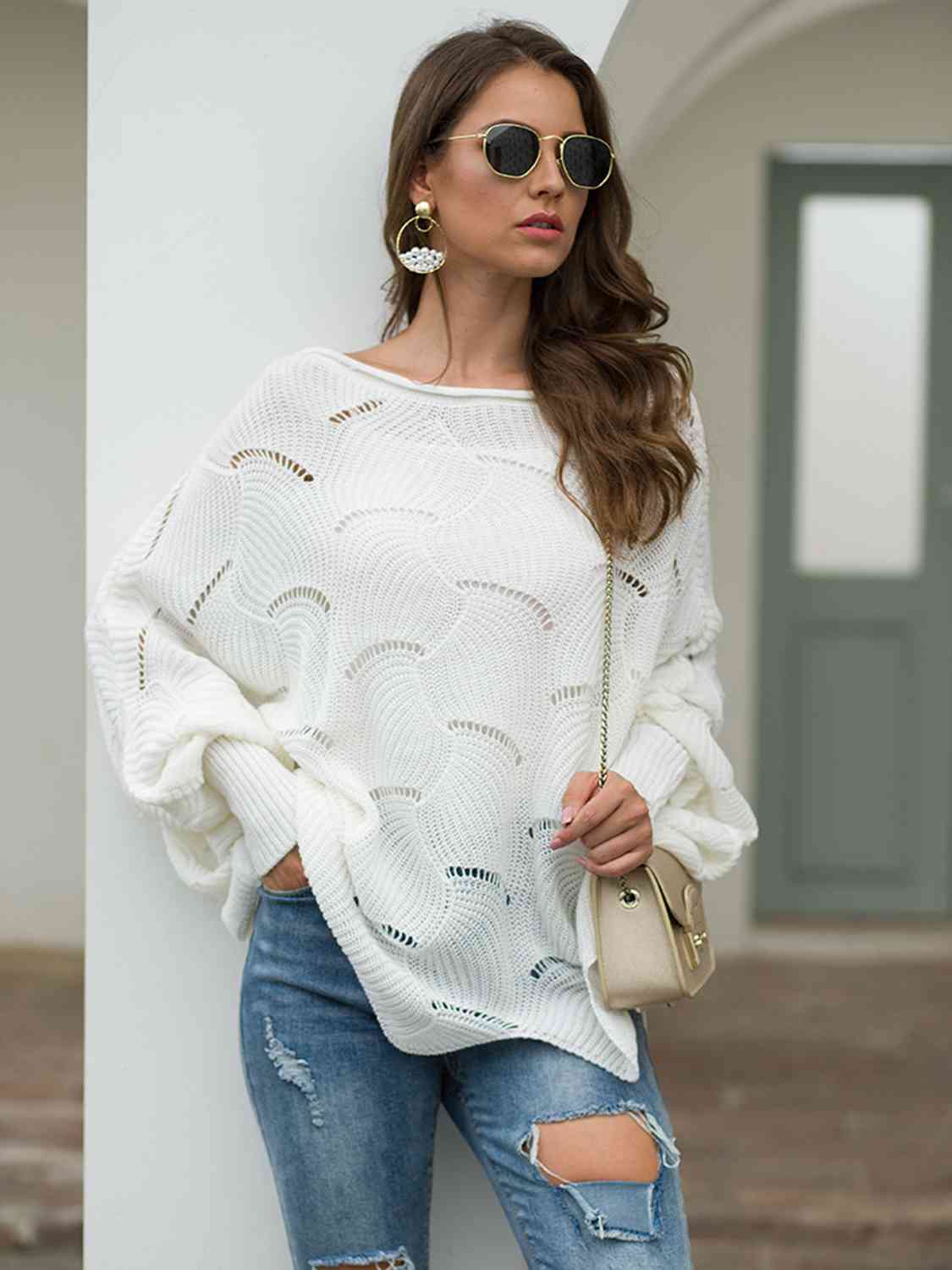 Full Size Boat Neck Lantern Sleeve Openwork Knit Top - LustMia