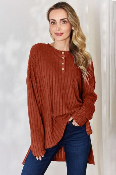 Basic Bae Full Size Ribbed Half Button Long Sleeve High - Low T-Shirt - LustMia