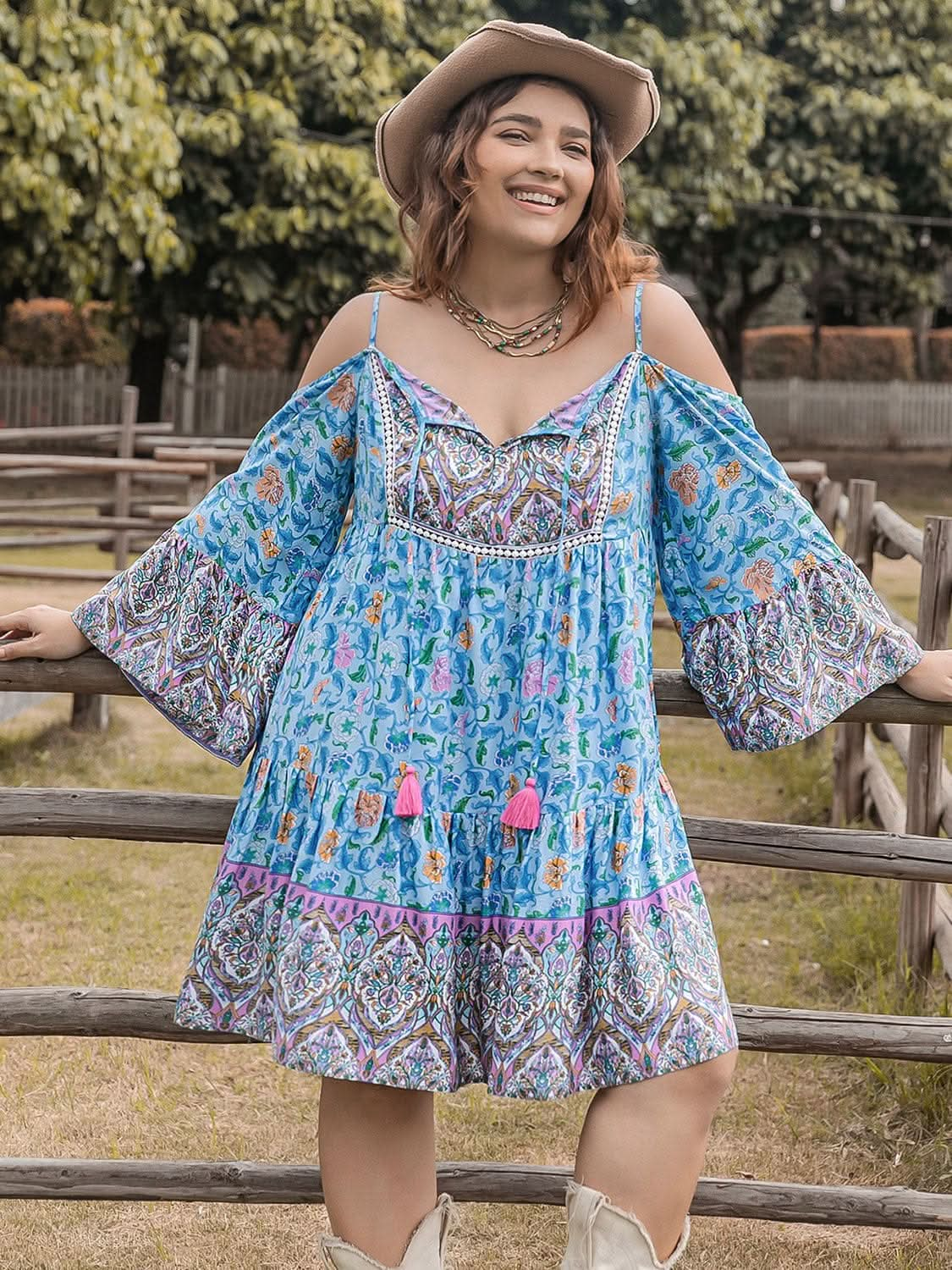 Plus Size Printed Long Sleeve Mini Dress - LustMia