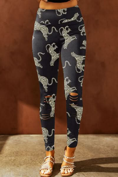 Animal Printed Distressed High Waist Leggings - LustMia