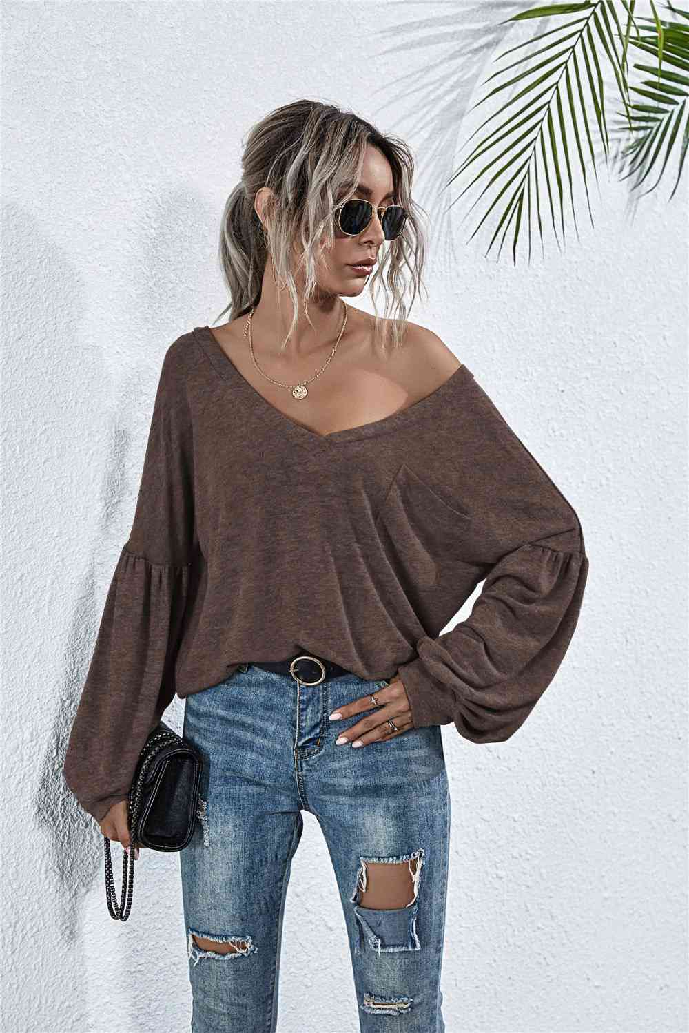 V - Neck Long Sleeve Dropped Shoulder Knit Top - LustMia