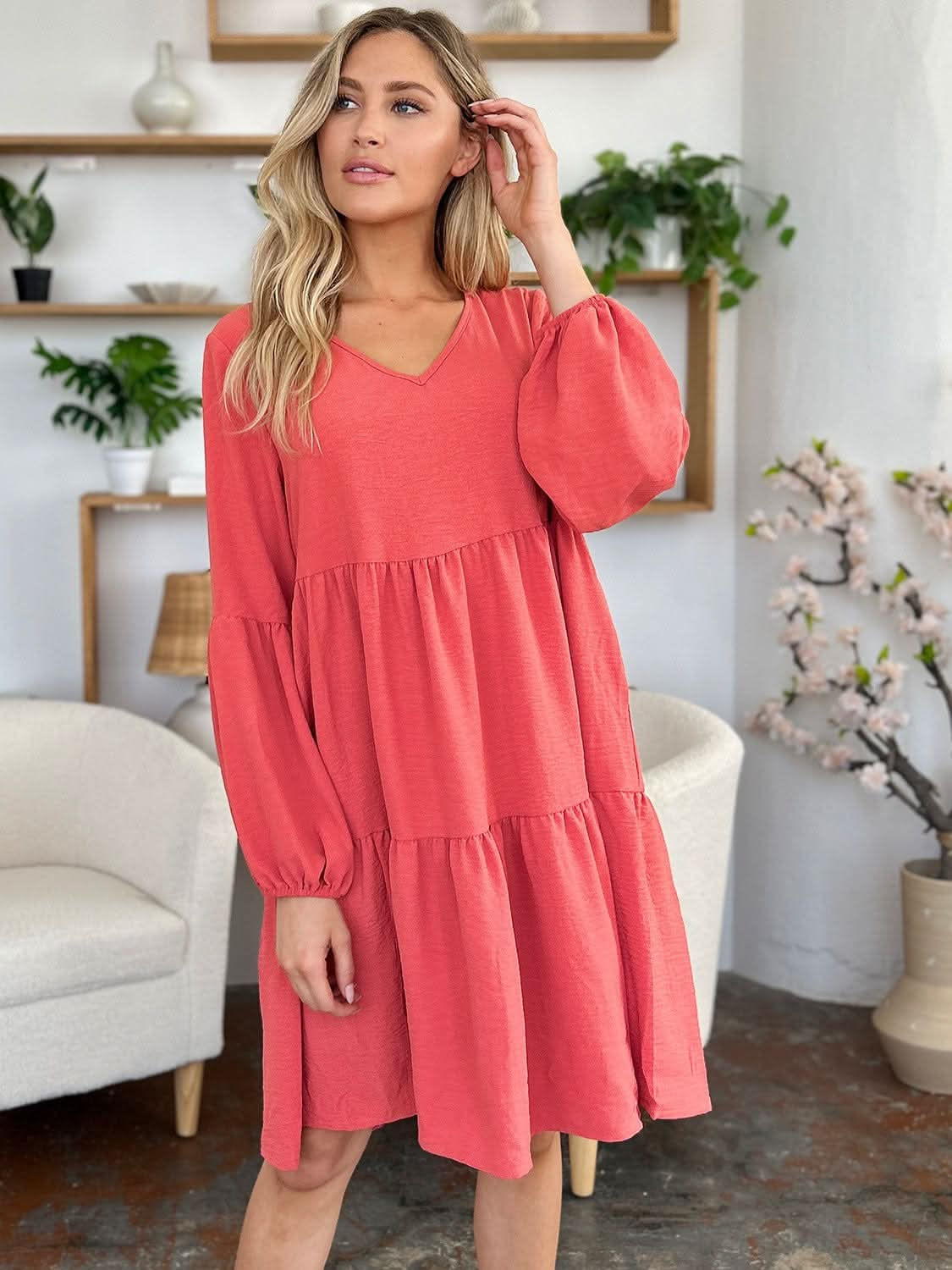 Double Take Full Size V - Neck Balloon Sleeve Tiered Dress - LustMia