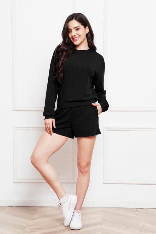 Round Neck Long Sleeve Top and Shorts Set - LustMia