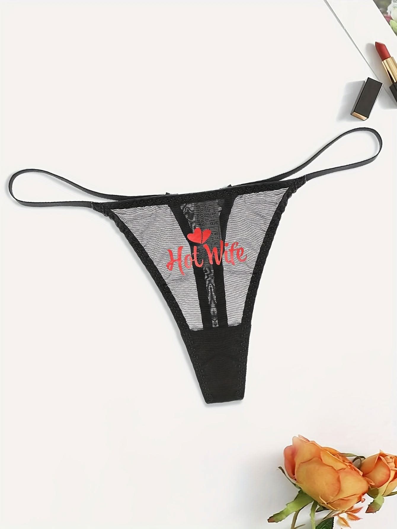 Letter Print Mesh Thongs, Breathable & Comfy Semi - sheer Intimates Panties, Women's Lingerie & Underwear - LustMia