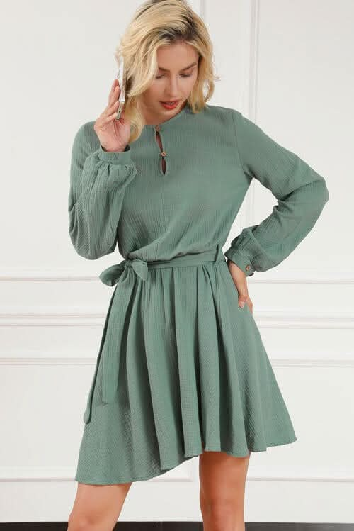 Tie Front Long Sleeve Mini Dress - LustMia