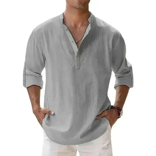 Spring New Men's Casual Slim Fit Polo Shirt Solid Color Breathable Button Long Sleeved Top Refreshing and Comfortable T-shirt - LustMia