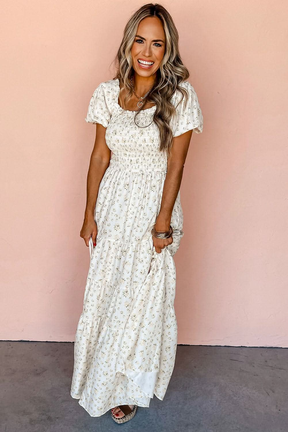 White Tiered Floral Maxi Dress - LustMia