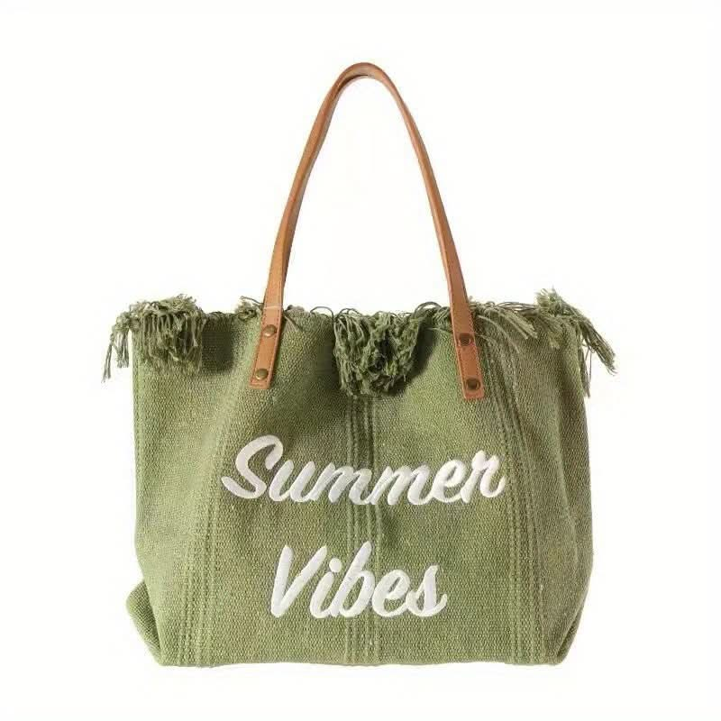 Bohemian Chic Embroidered Tote Bag - Stylish Letter Detail, Fringe Trim, Durable Canvas, Adjustable Shoulder Strap, Perfect for Womens Summer Beach Wear - LustMia