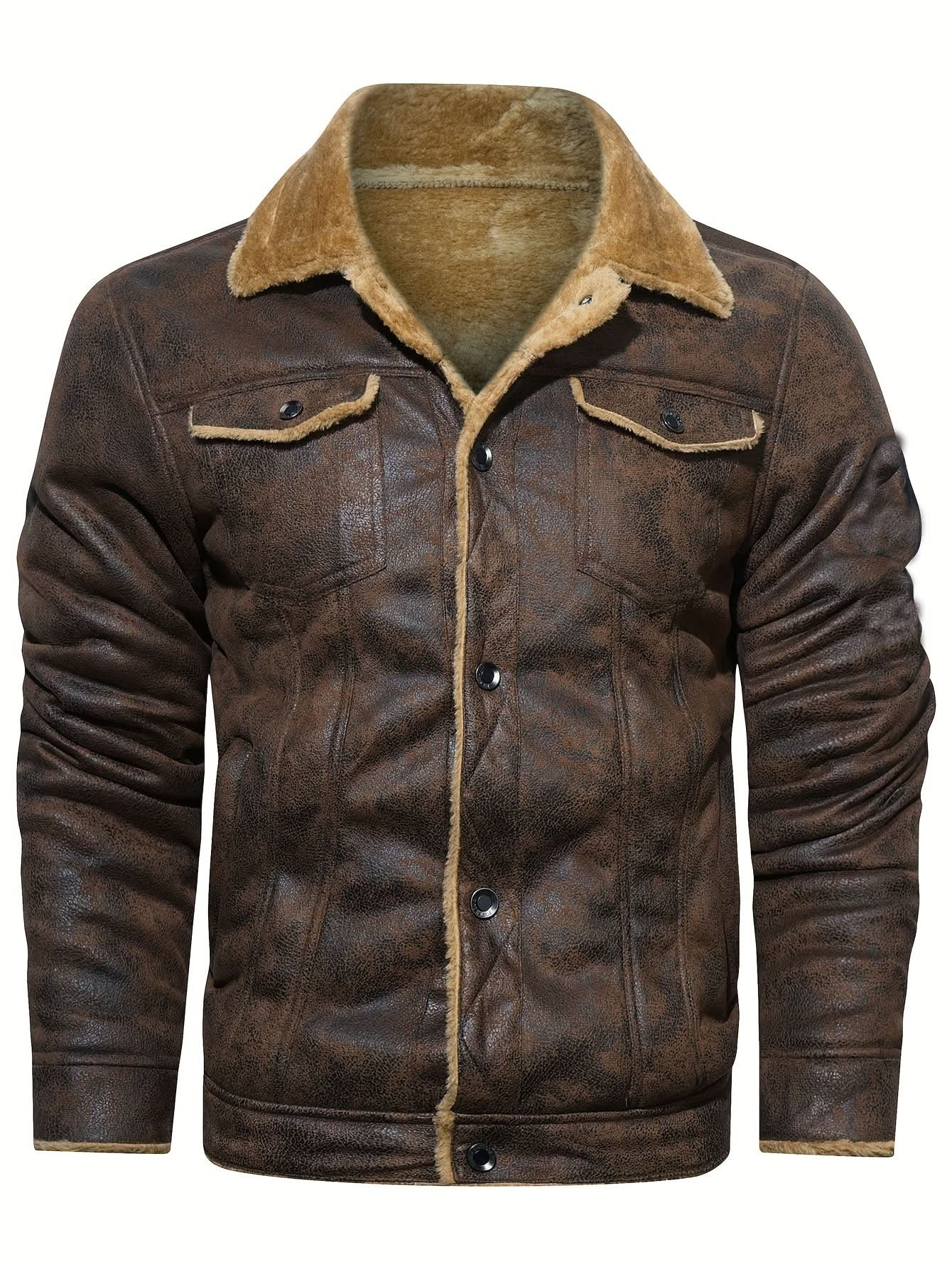 Men's Casual Faux Leather Jacket - Warm, Windproof Outerwear with Pockets for Fall/Winter - LustMia