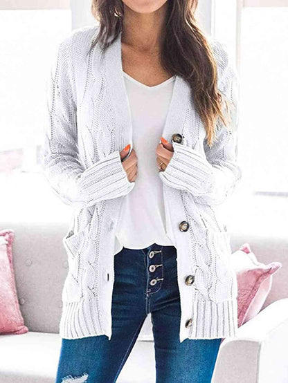 Cable - Knit Buttoned Cardigan with Pockets - LustMia