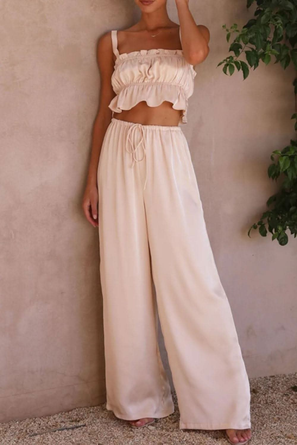 Ruffled Sleeveless Top and Wide Leg Pants Set - By Lustmia - LustMia