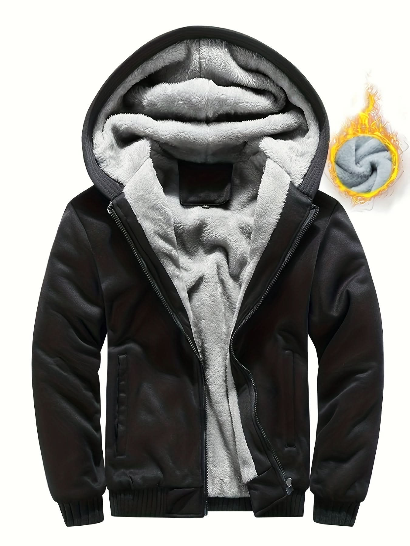 Winter Warm Fleece Zipper Hooded Jacket, Solid Color Thickened Casual Hoodie, Men's Clothing - LustMia