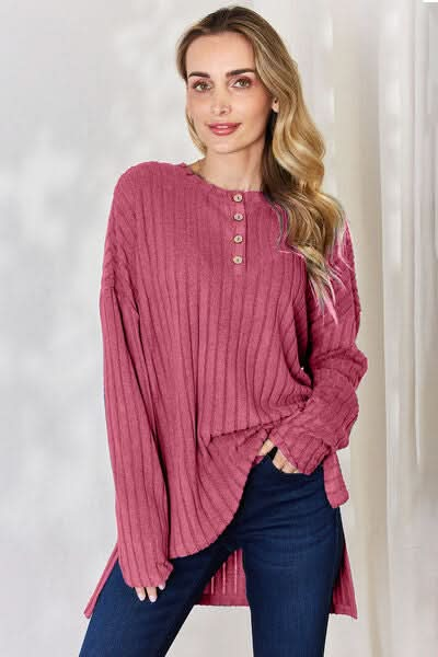 Basic Bae Full Size Ribbed Half Button Long Sleeve High - Low T-Shirt - LustMia